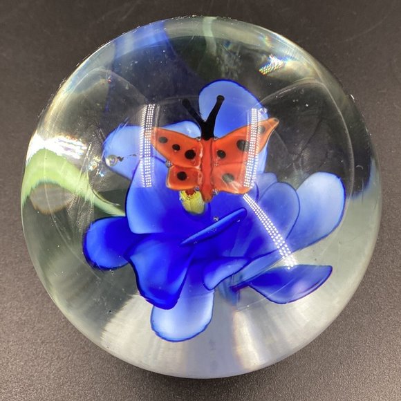 LSArts Art Glass Paperweight Blue with Red butterfly  Paper Weight - Picture 6 of 9